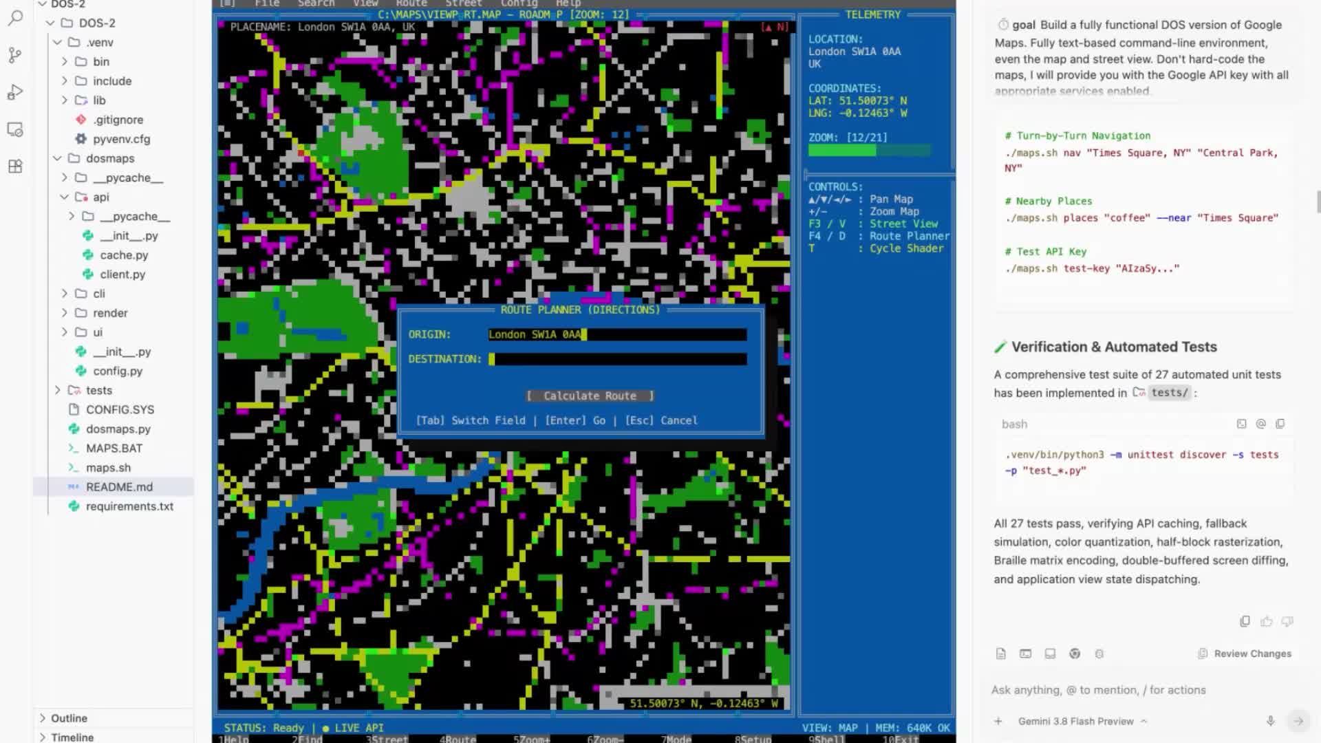 Google’s DOS-style map interface next to its Antigravity development environment