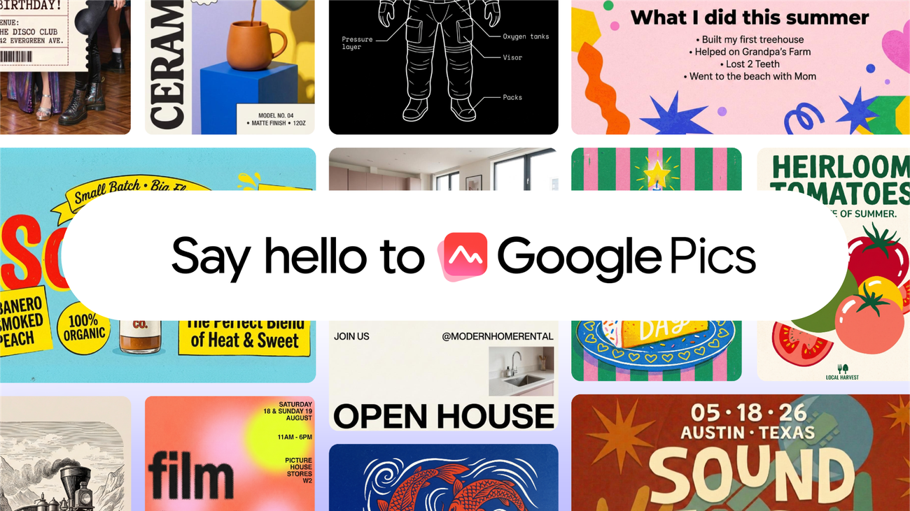 Google-created collage of posters and artwork demonstrating Google Pics