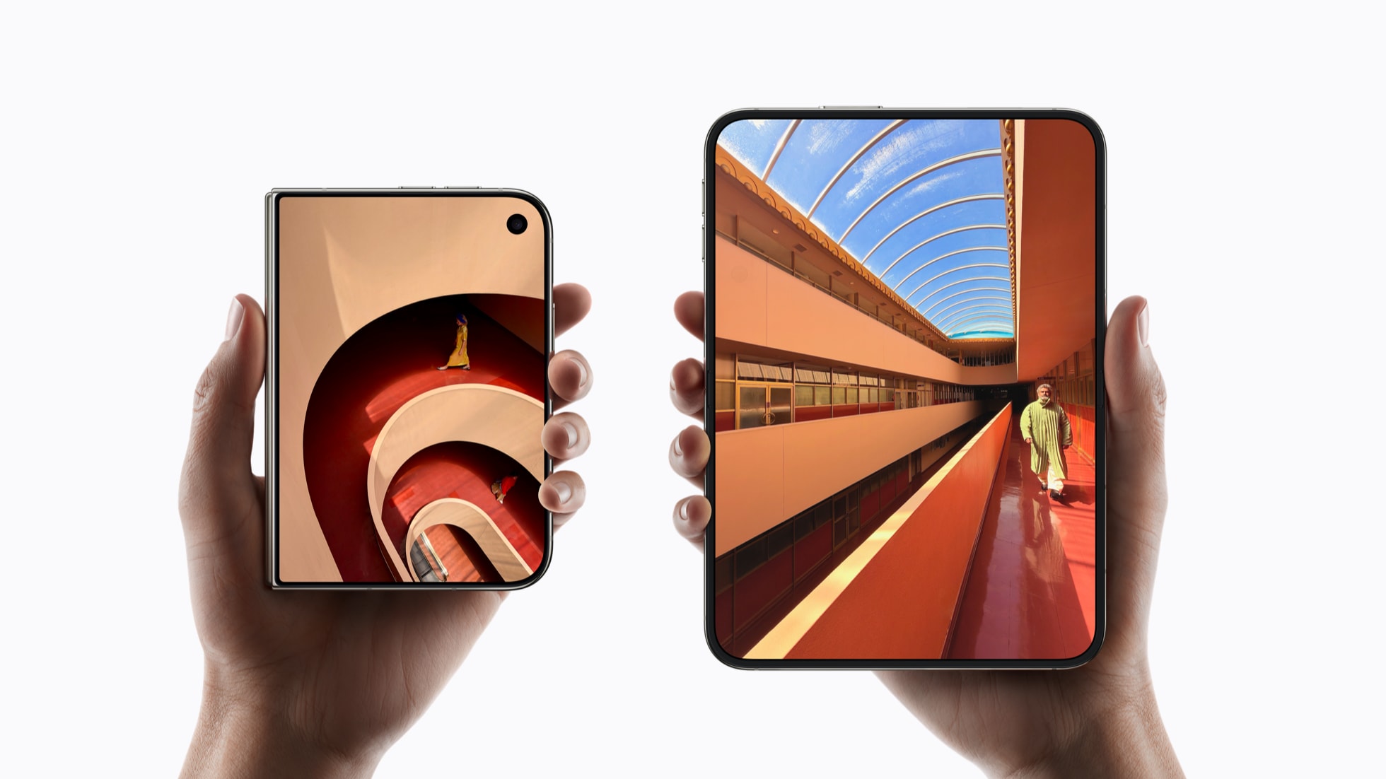 Two hands holding an open and a closed iPhone Duo to compare display sizes