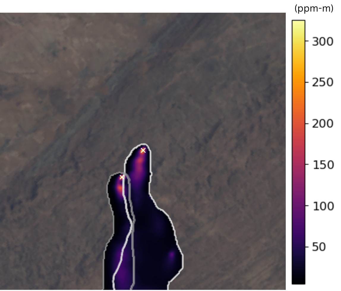 Research figure showing methane plume outlines, source locations and concentration color scale