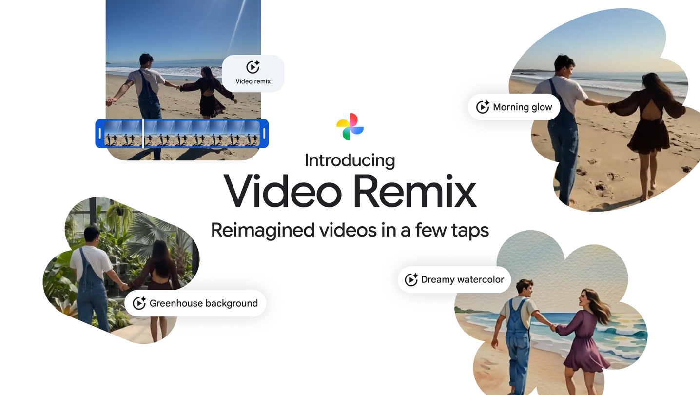 Google Photos compares an original beach clip with relighting, greenhouse and watercolor remixes