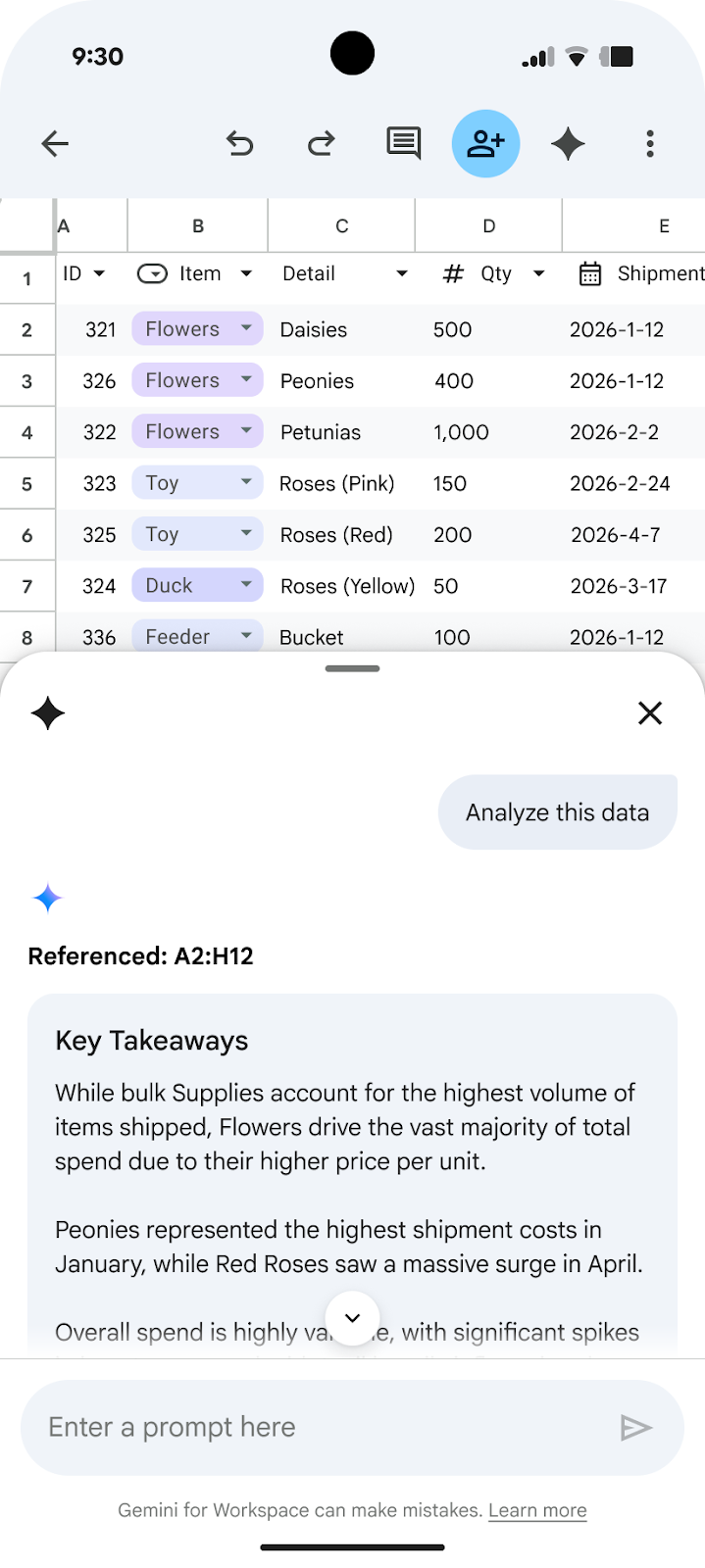 Gemini analyzing a spreadsheet in the Google Sheets Android app