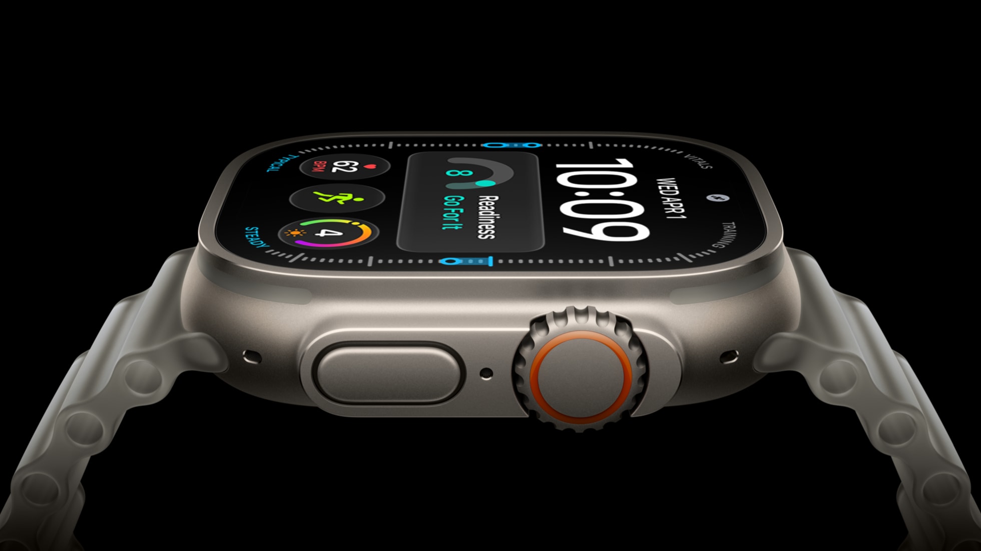 Apple Watch Ultra 4 close-up showing the Readiness screen and titanium case