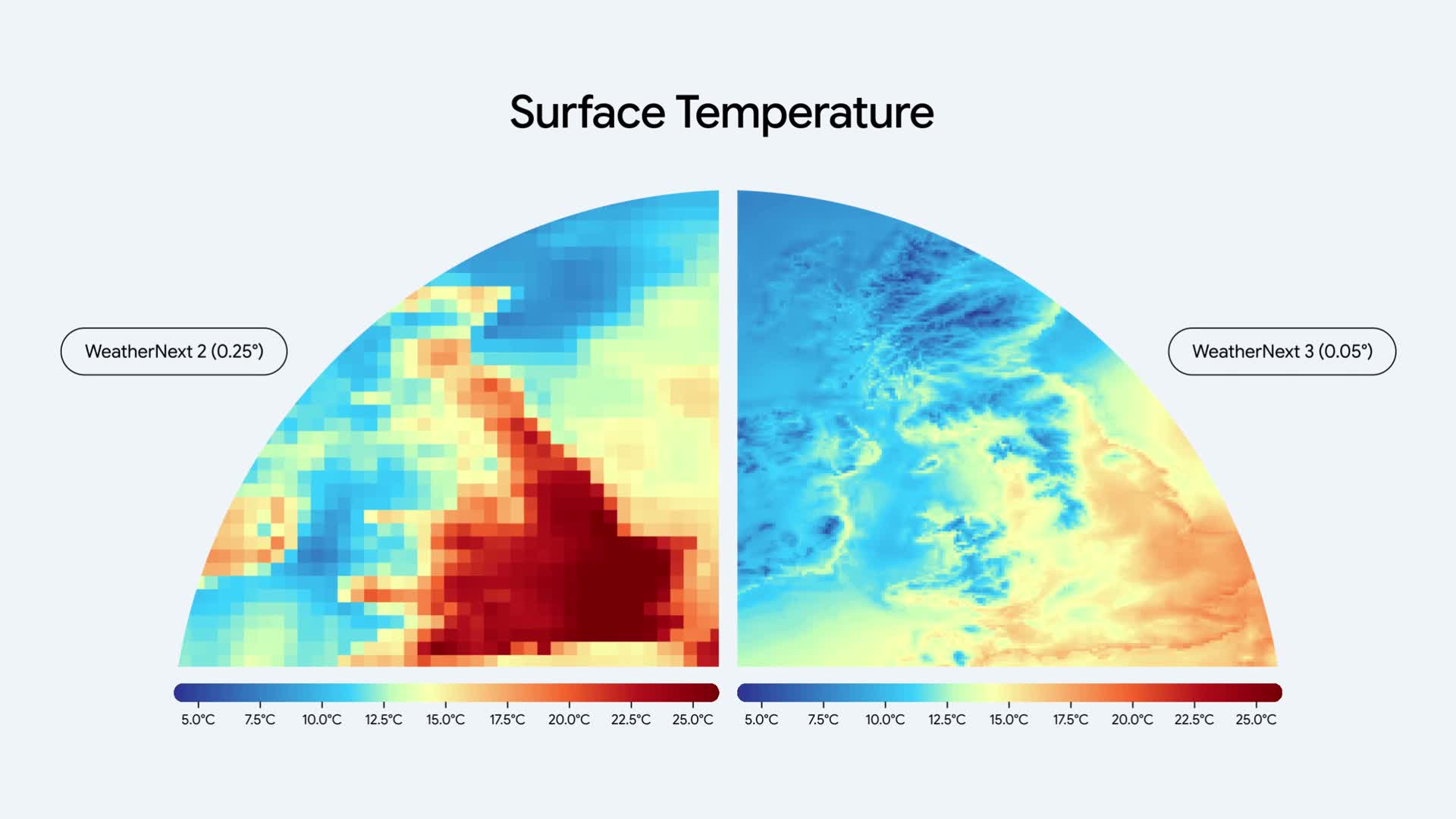 Side by side WeatherNext temperature maps comparing coarse and fine grid detail
