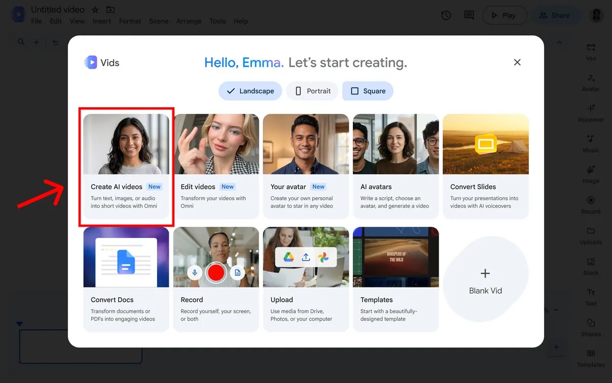 Google Vids creation screen showing the AI video option