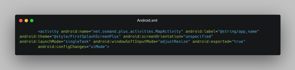 Android manifest screenshot from GitHub Security Lab’s OsmAnd vulnerability analysis, showing an exported MapActivity.