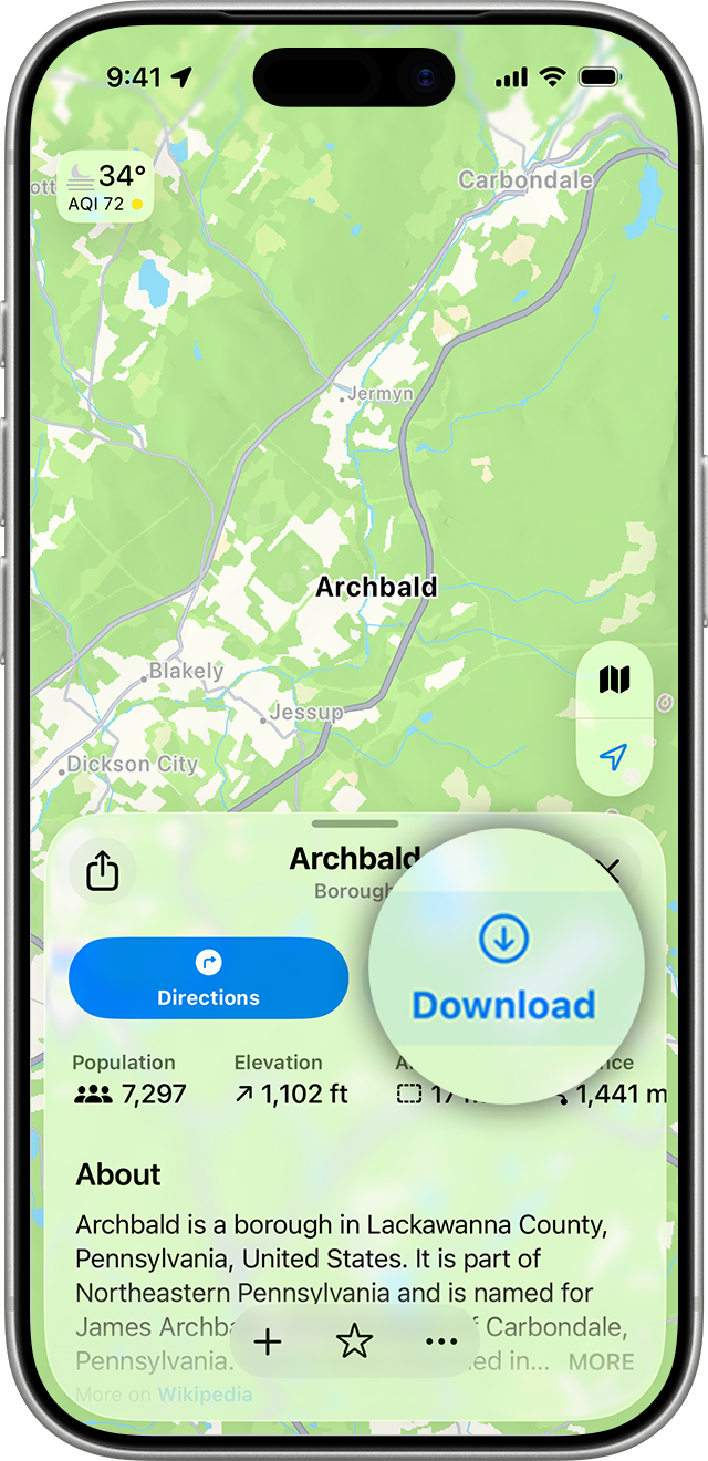 Apple Maps on an iPhone with the Download control highlighted.