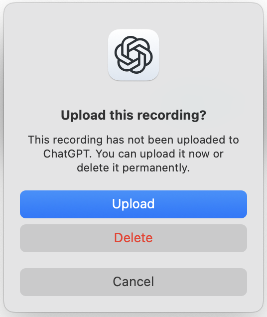 OpenAI Help Center — audio recording upload confirmation screen