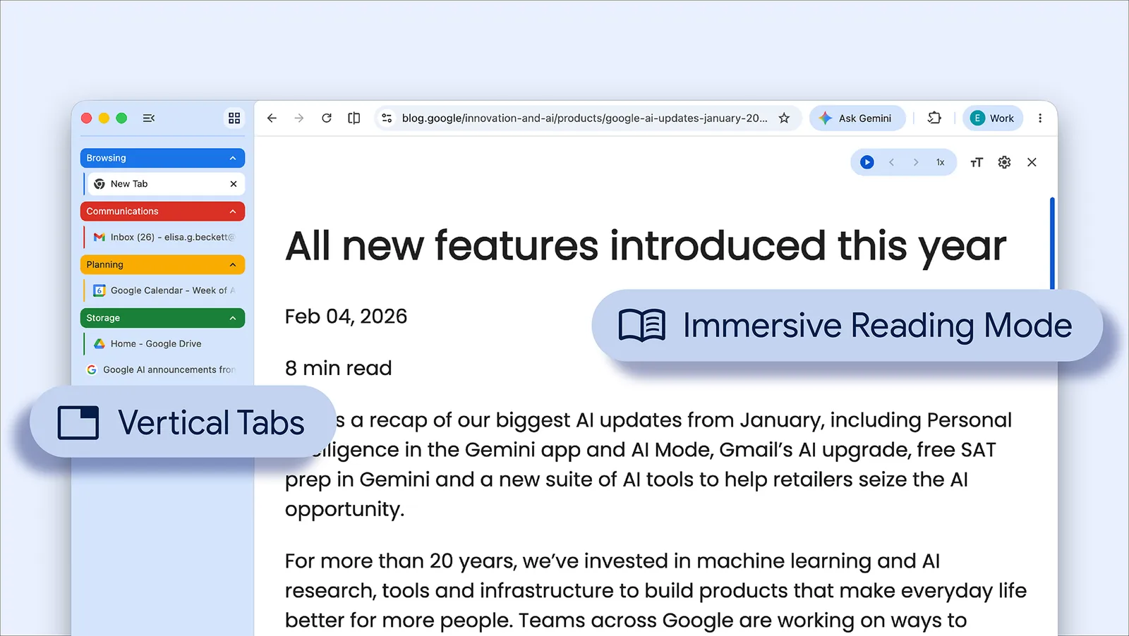 Google Chrome interface showing vertical tab groups and full-page immersive reading mode