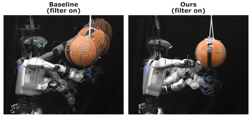 Research paper figure illustrating filter-aware fine-tuning for a humanoid controller.