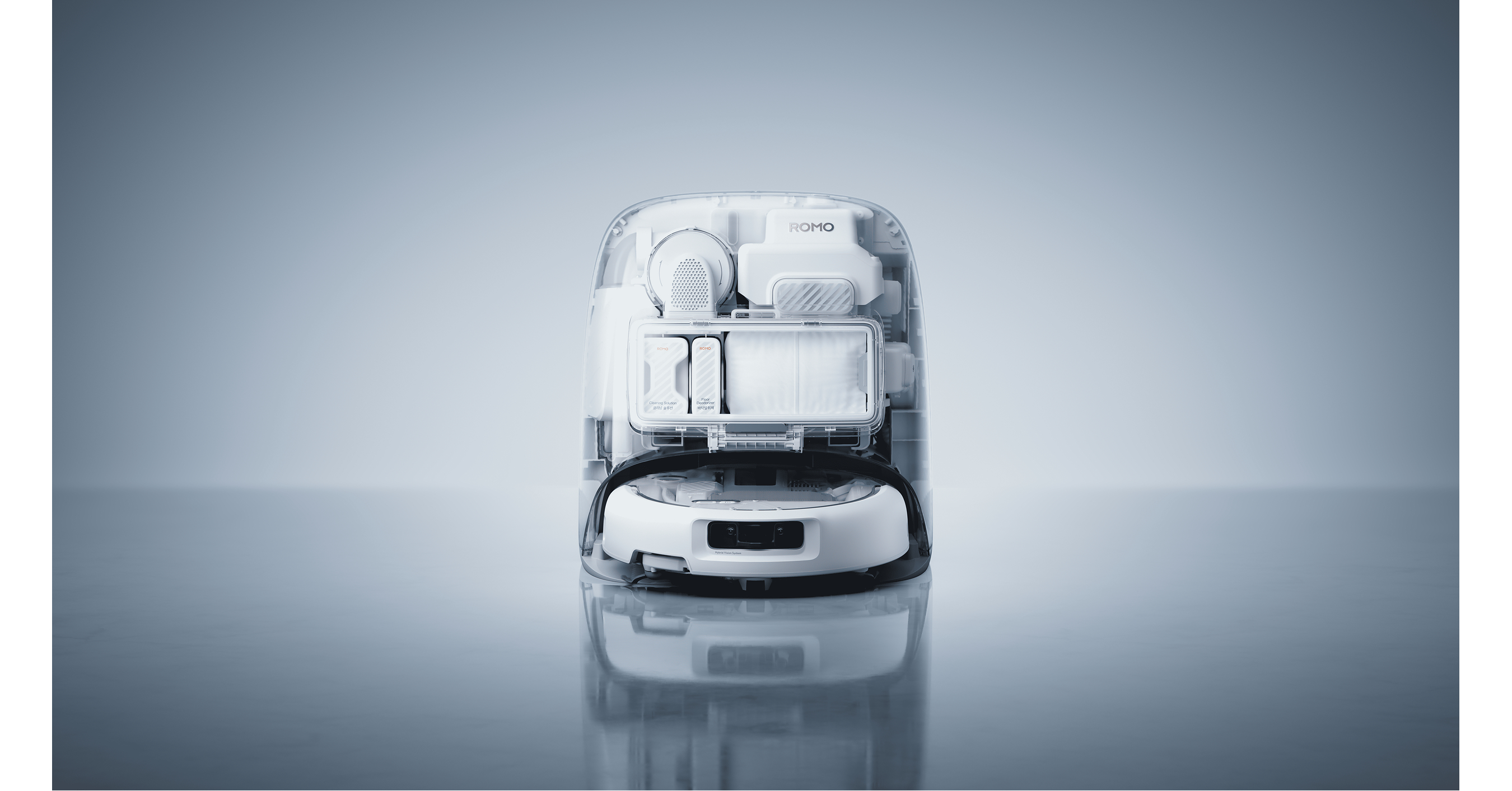 DJI ROMO 2 robot vacuum in its translucent charging and cleaning station, official product image