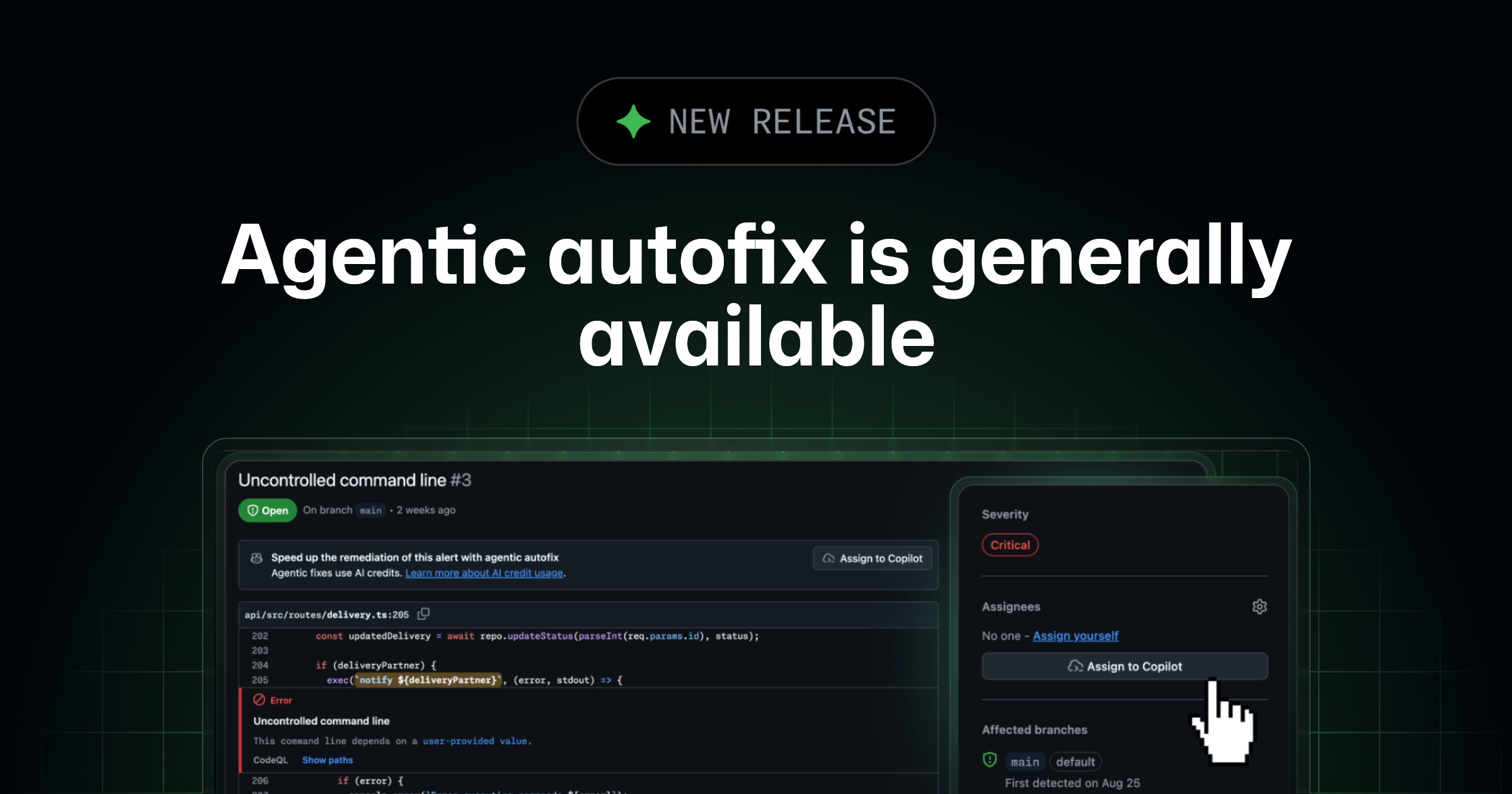 GitHub CodeQL security alert interface showing the Assign to Copilot agentic autofix action.