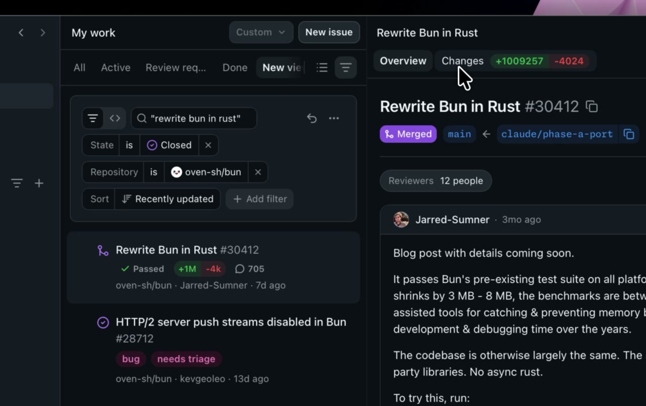 A frame from GitHub’s demo shows the Copilot app displaying a large code review with over one million changed lines.