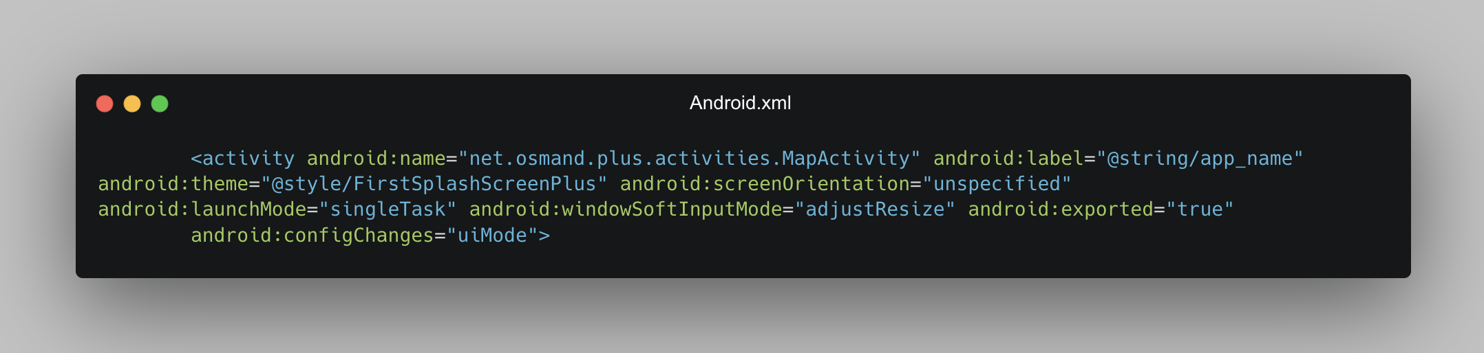 GitHub Security Lab screenshot of the OsmAnd Android manifest showing an exported MapActivity.