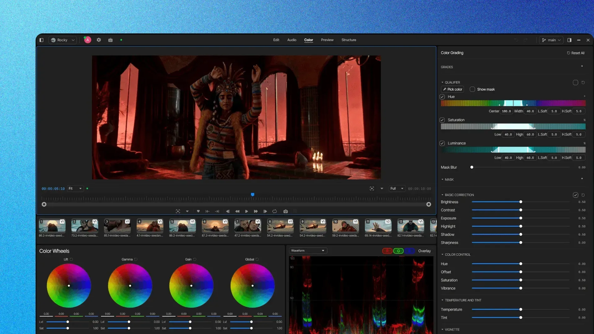 InVideo color-grading interface showing timeline, color wheels, curves and manual controls.