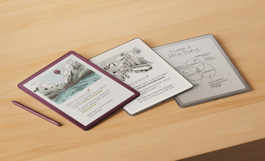 Amazon’s modern Kindle Scribe lineup, including a color model, arranged with a pen. These are not the original2007devices.