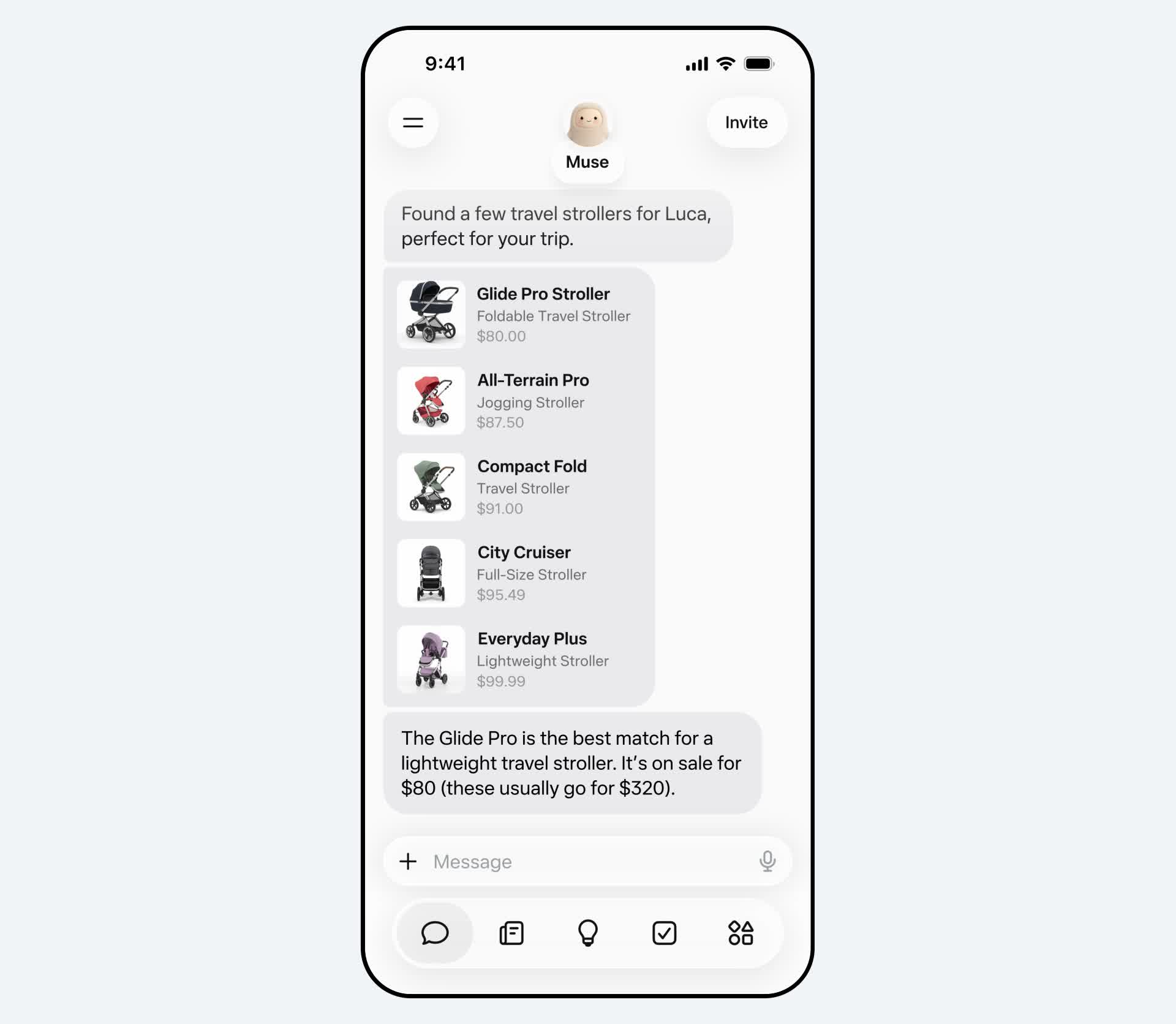 Meta Muse demonstration showing a phone interface with travel stroller suggestions; illustrative product prices