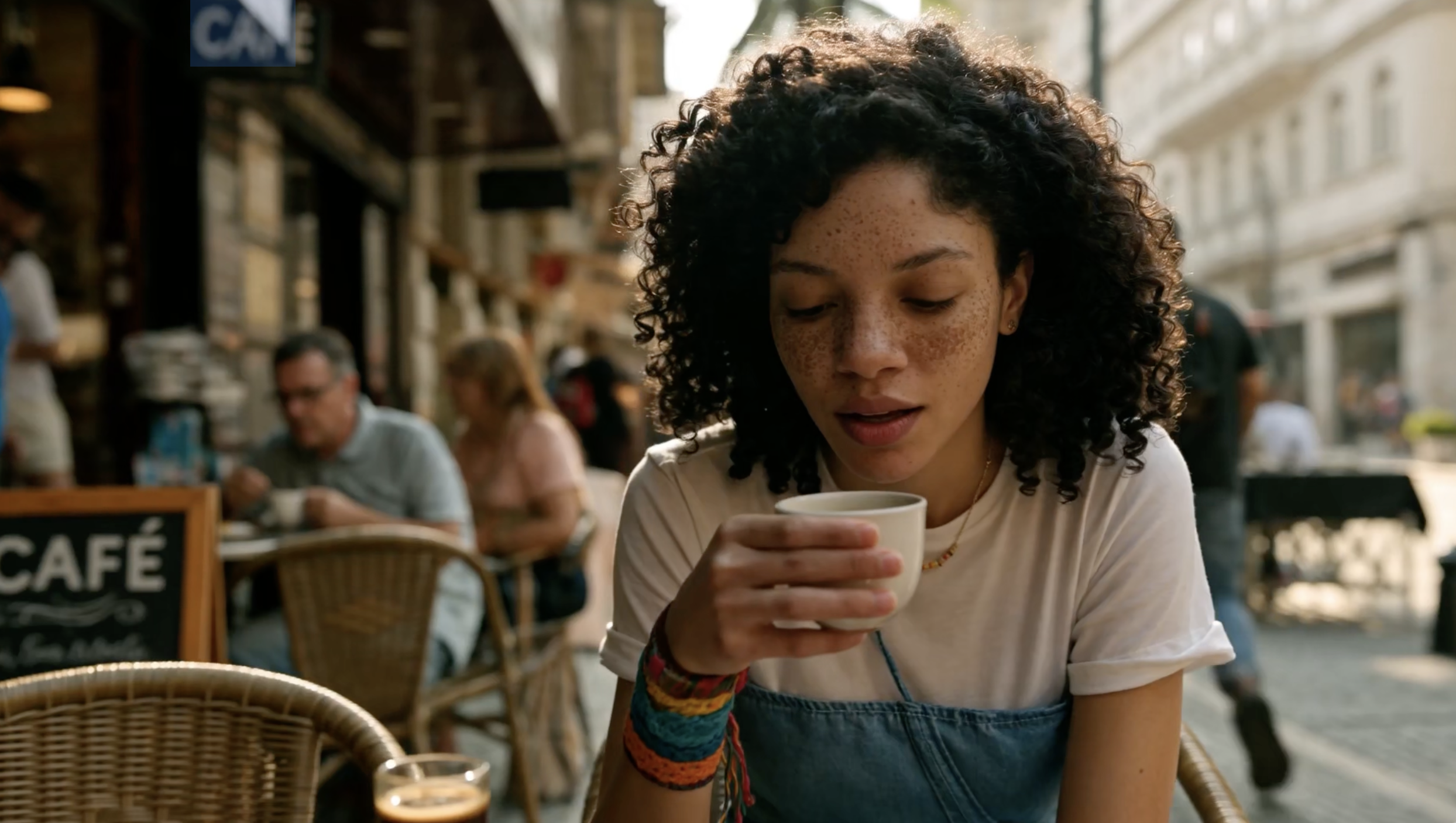 Reference image supplied in MiniMax’s H3 demonstration, showing a character at a café.