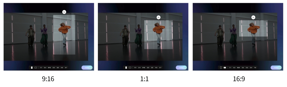 Samsung My FanCam demonstration comparing portrait, square and landscape crops around a dancer