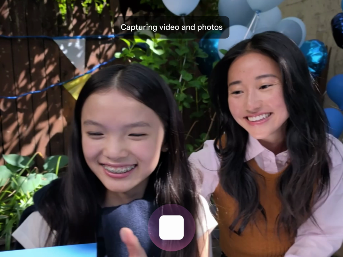 Google Magic Capture demonstration showing a birthday scene while recording video and photos.