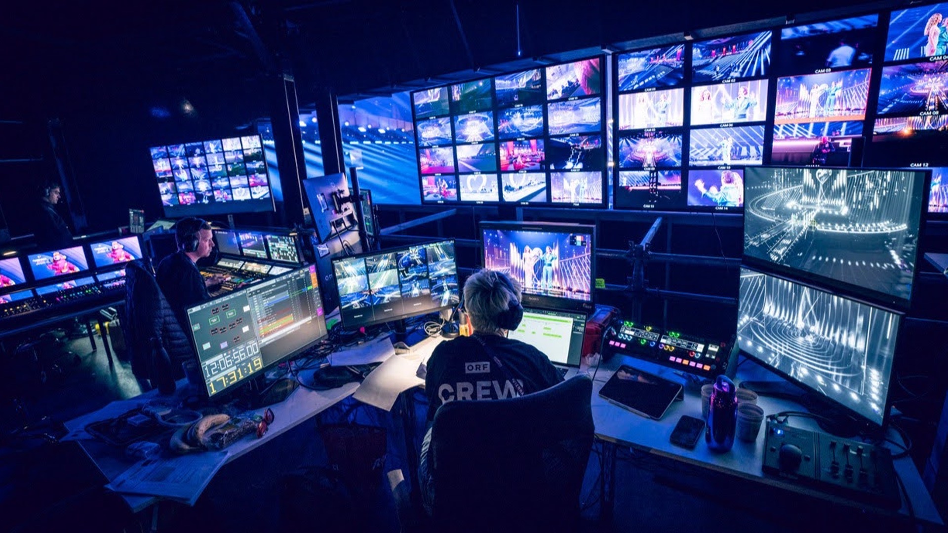 Broadcast control room illustrating the media archive search workflow described by NVIDIA and Adobe.