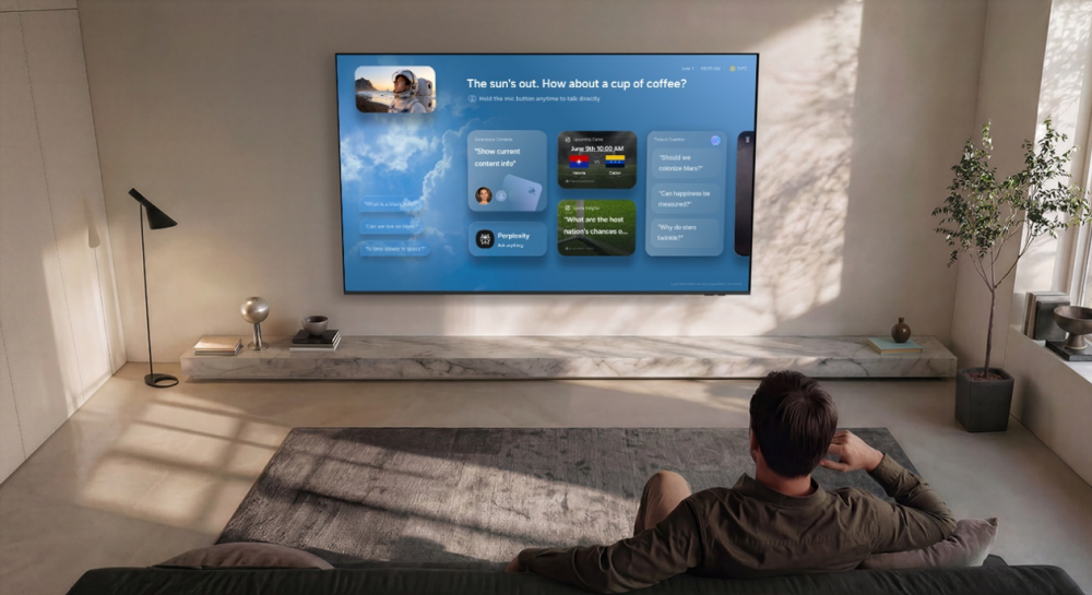 Samsung promotional visual showing the Vision AI Companion interface on a living-room television.