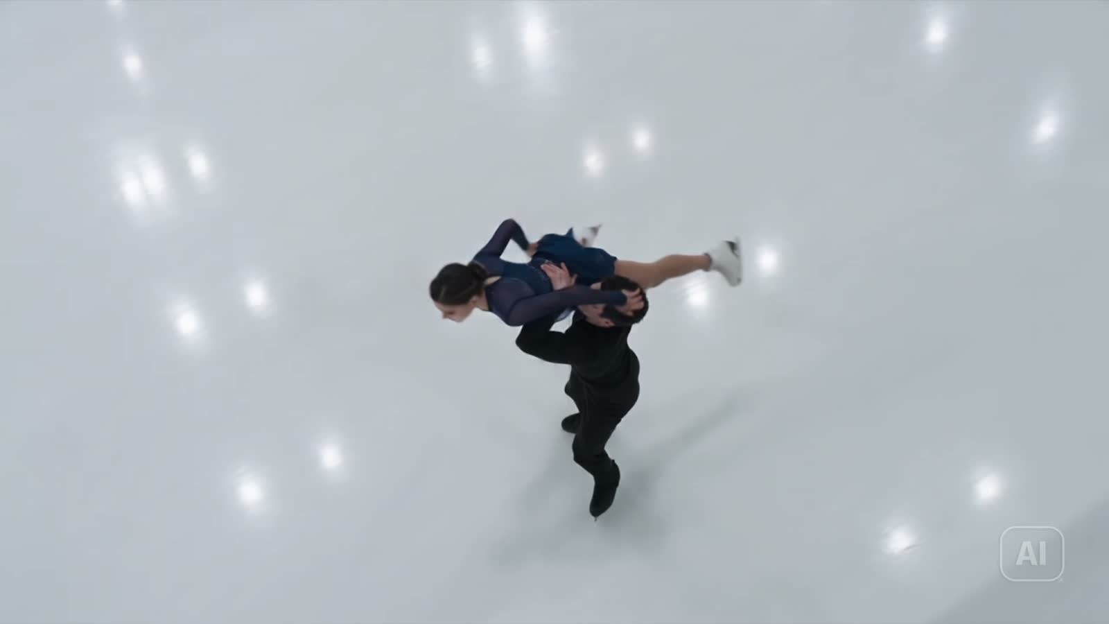 Frame from ByteDance Seed’s AI-generated figure-skating demonstration, with the source AI label visible.