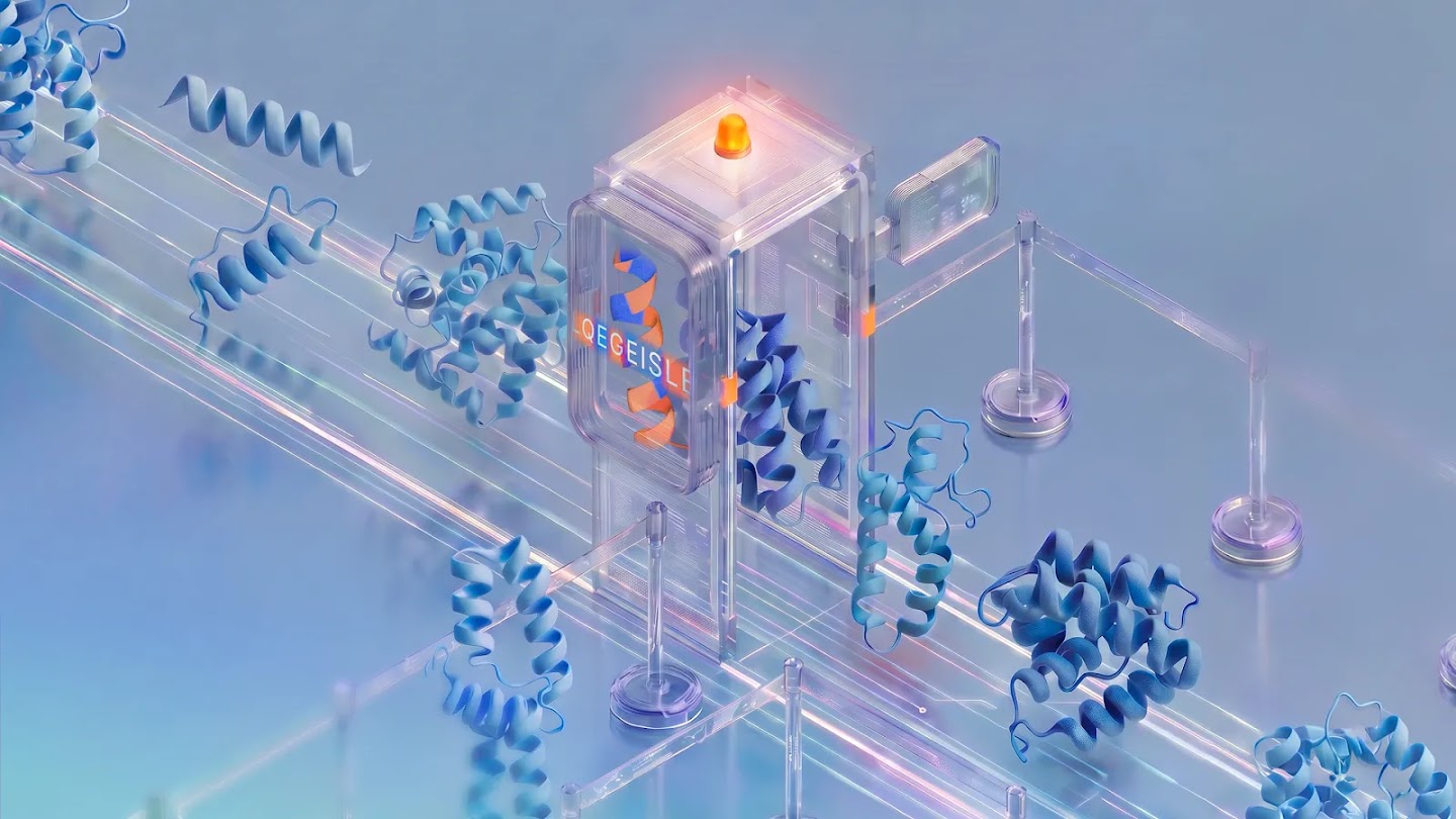 Google DeepMind illustration of a protein structure passing through a watermark verification system.