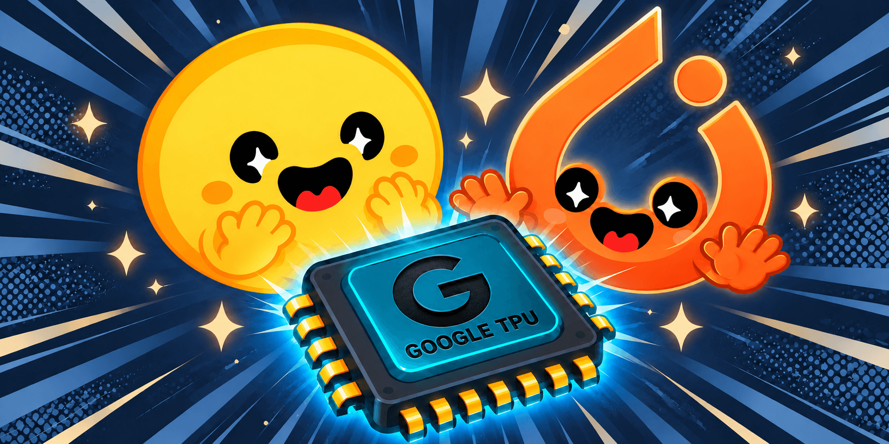 Google Cloud TorchTPU announcement artwork showing a processor chip.