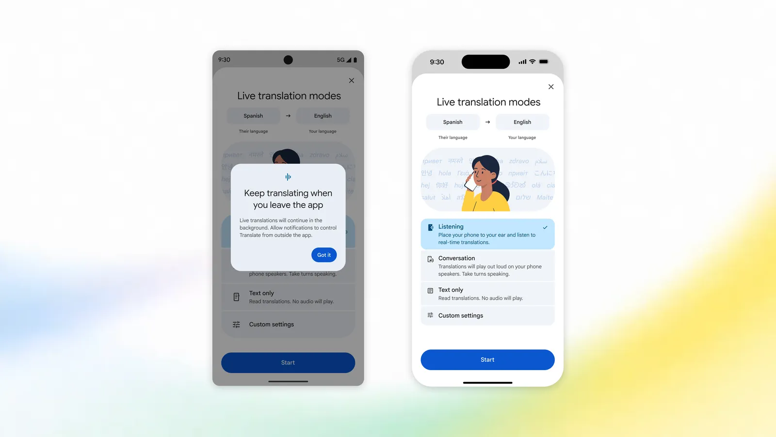 Google Translate interface showing Android background translation and iPhone earpiece listening mode