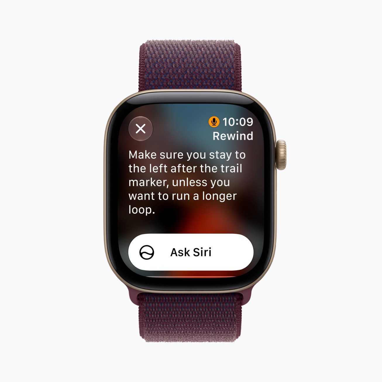 Apple Watch Live Rewind screen displaying spoken directions about staying left after a trail marker